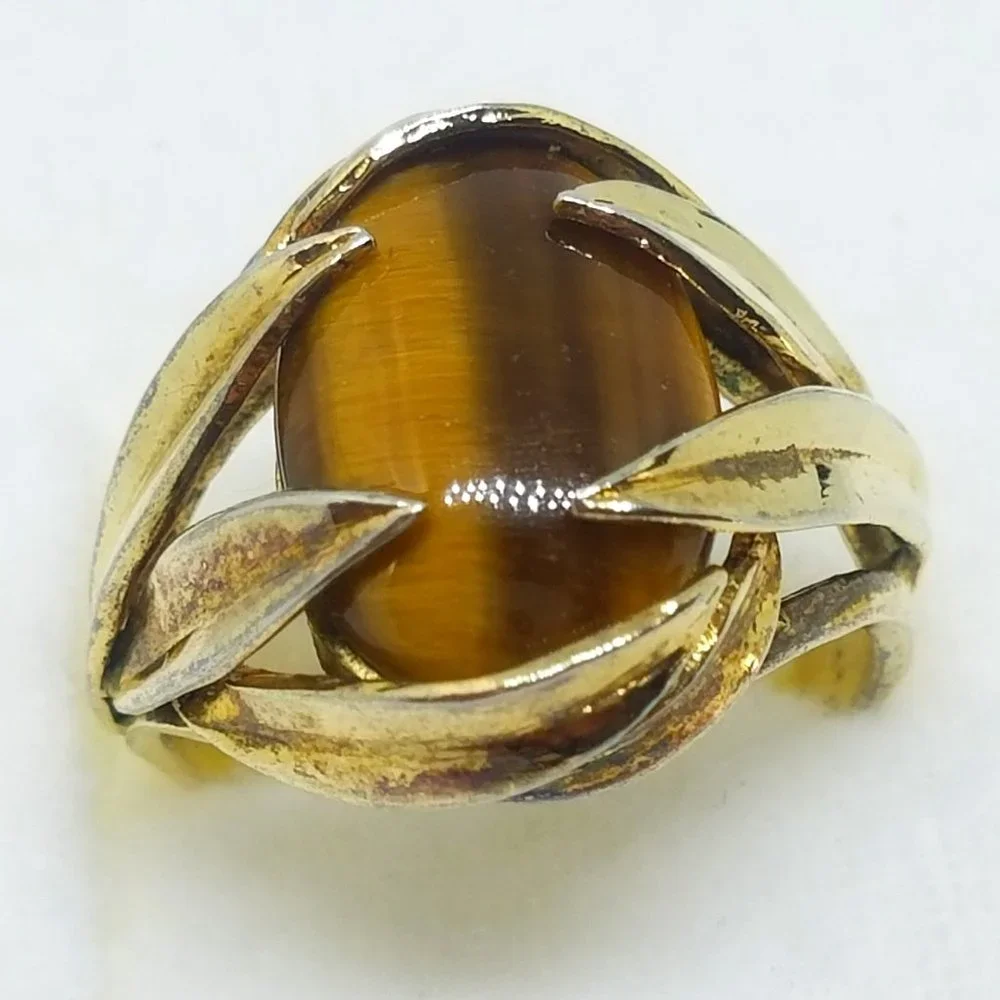 Vintage Oval Tiger Eye Stone Ring set in 925 Gold Plated Sterling Silver Ring